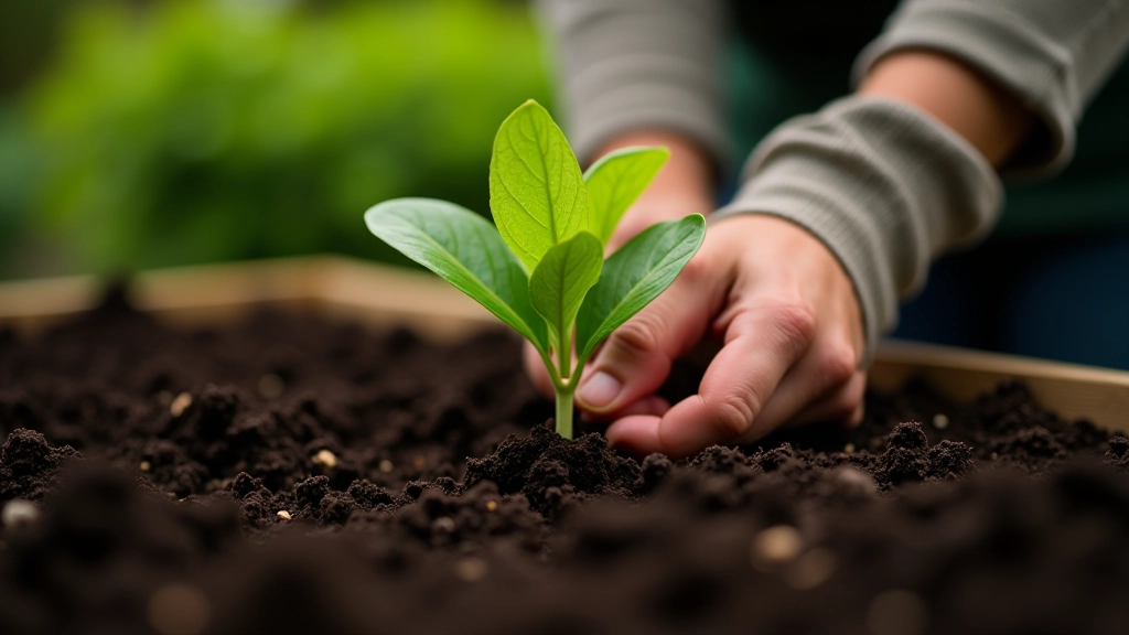 Gardener hands planting seedlings in rich garden soil