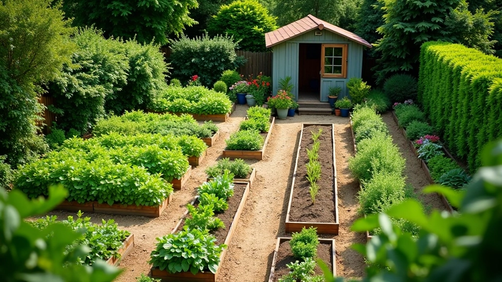 Lush green allotment plot with raised beds and gardening tools