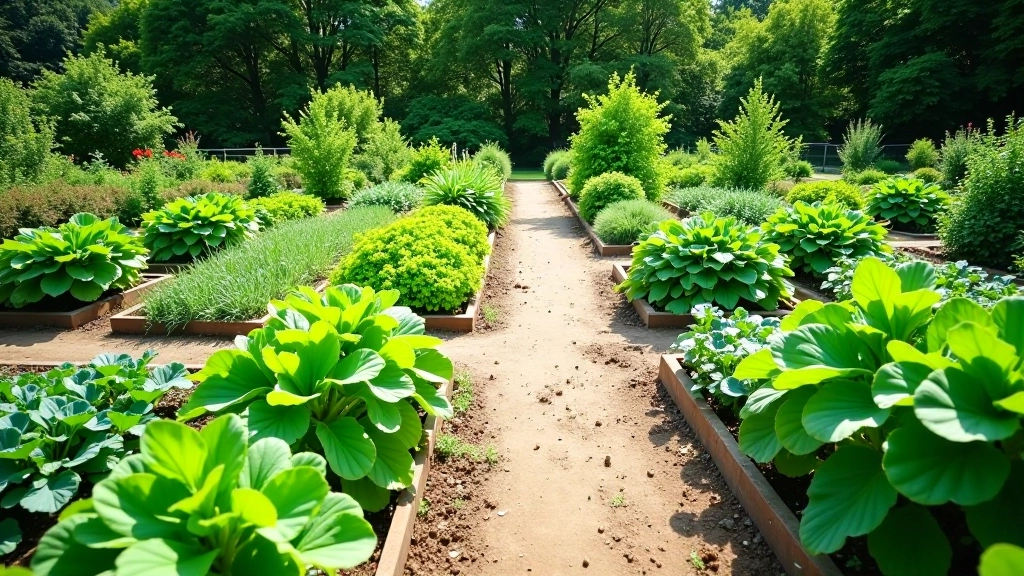 Lush green allotment garden with raised beds and flourishing plants in full growth